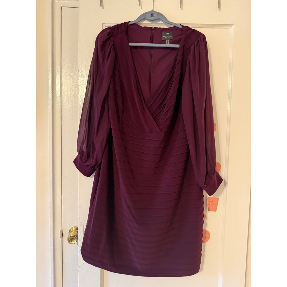 Adrianna Papell Plum Purple Pleated Tiered V-Neck Sheer Sleeve Dress Plus 20W